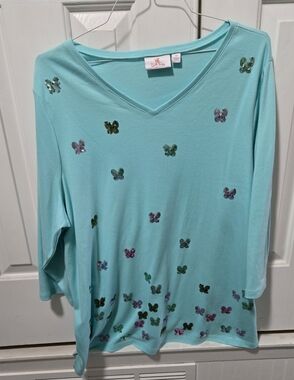 Quacker Factory Aqua Long-Sleeve Top with Sequin Butterflies, 3X